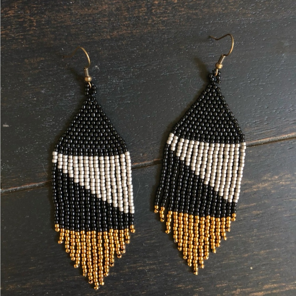 Black Gray Gold Dangle Fringe Festival Gift Bead Statement Earrings New Handmade
